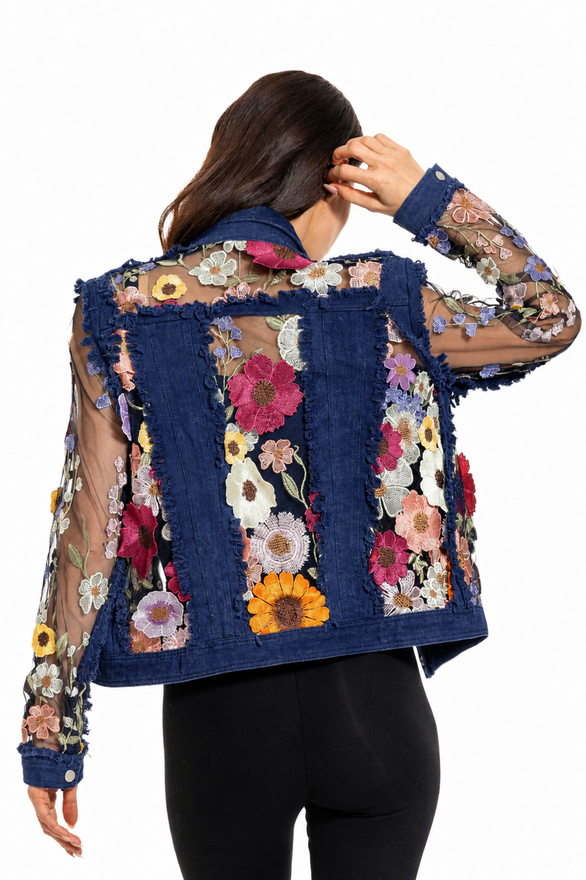 Denim Lace Jacket with Floral Embroidery