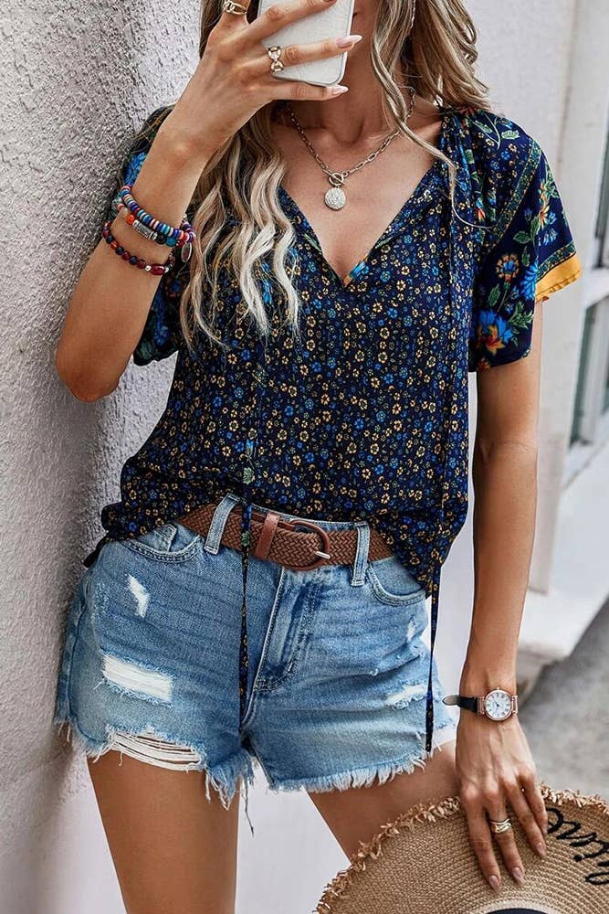 Floral Print V Neck Short Flare Sleeves Shirt