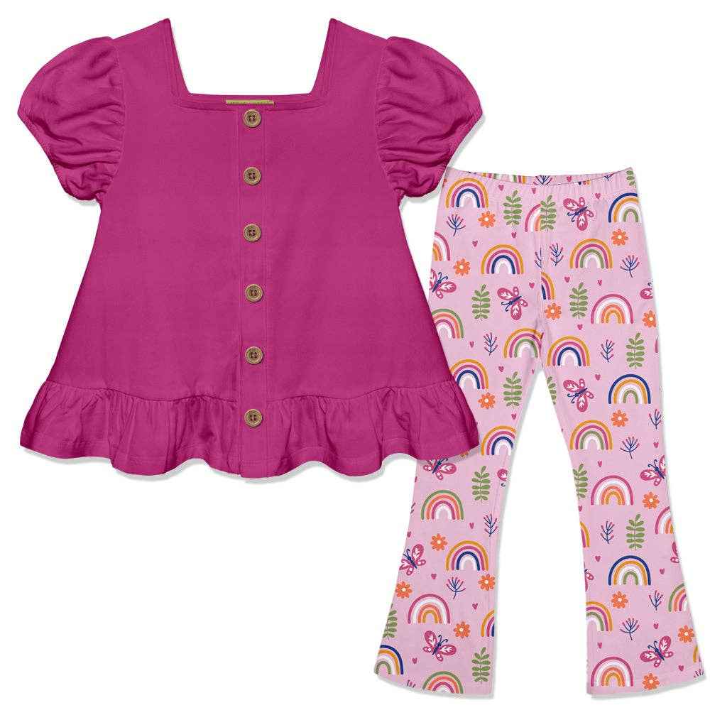 Millie Loves Lily - Kids Rose Violet Puff-Sleeve Top & Rainbow Garden Flare Leggings