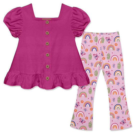Millie Loves Lily - Kids Rose Violet Puff-Sleeve Top & Rainbow Garden Flare Leggings