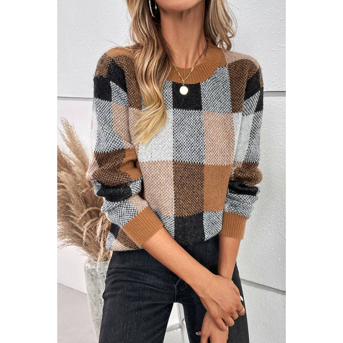 Cozy Plaid Knit Pullover