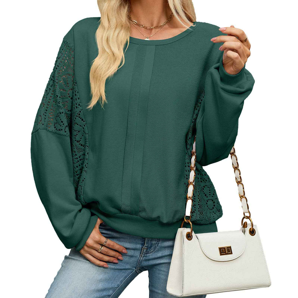 Rosa Clothing - Patchwork Sweatshirt Crew Neck Eyelet Hollow Pullover Top