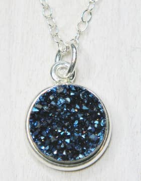 Tiny Silver Bezel Druzy Pendant Necklace - 8MM Blue