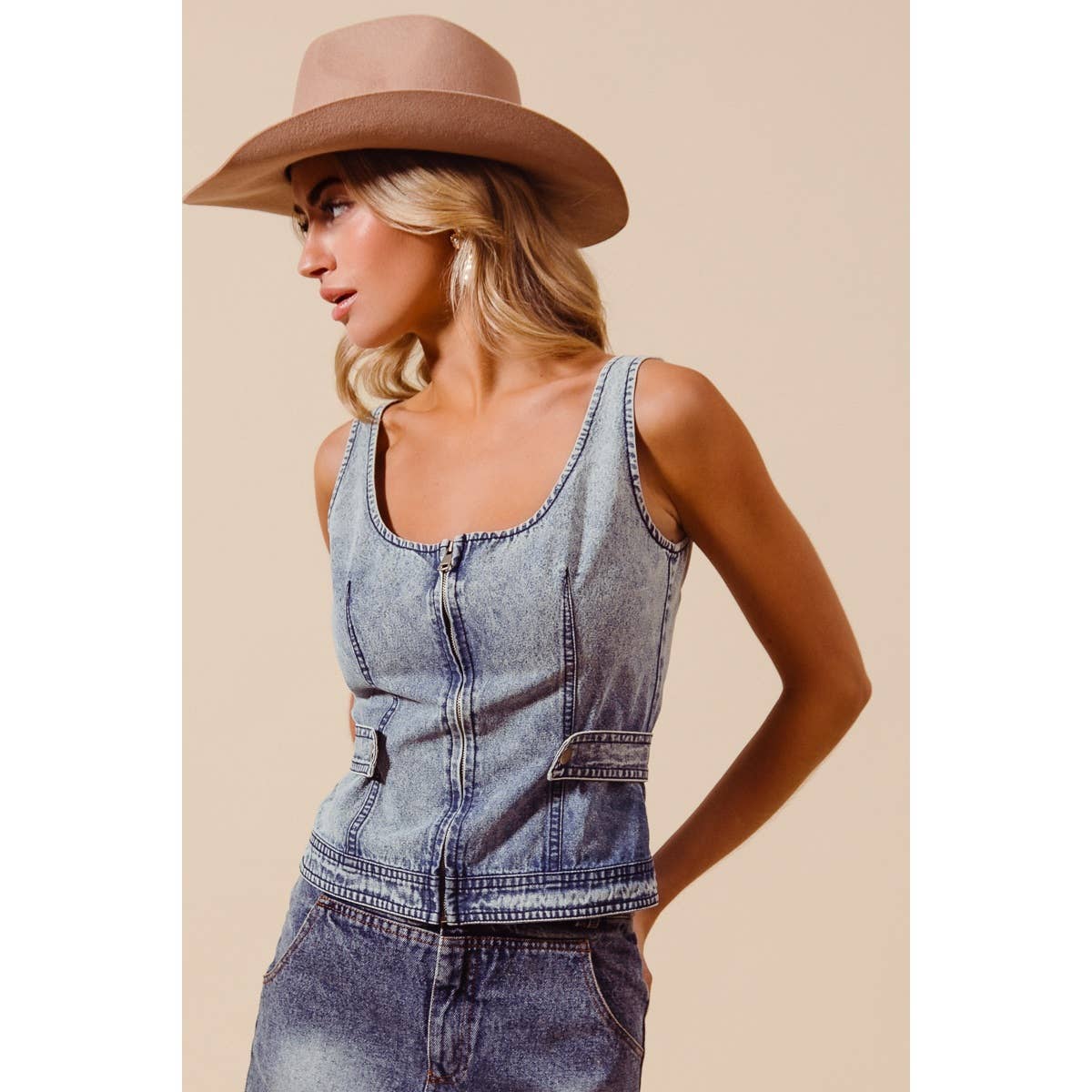 Zip Up Denim Tank