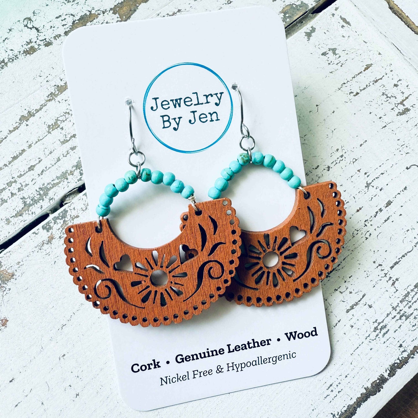 Jewelry By Jen - Wood Cutout Earrings: Brown & Turquoise