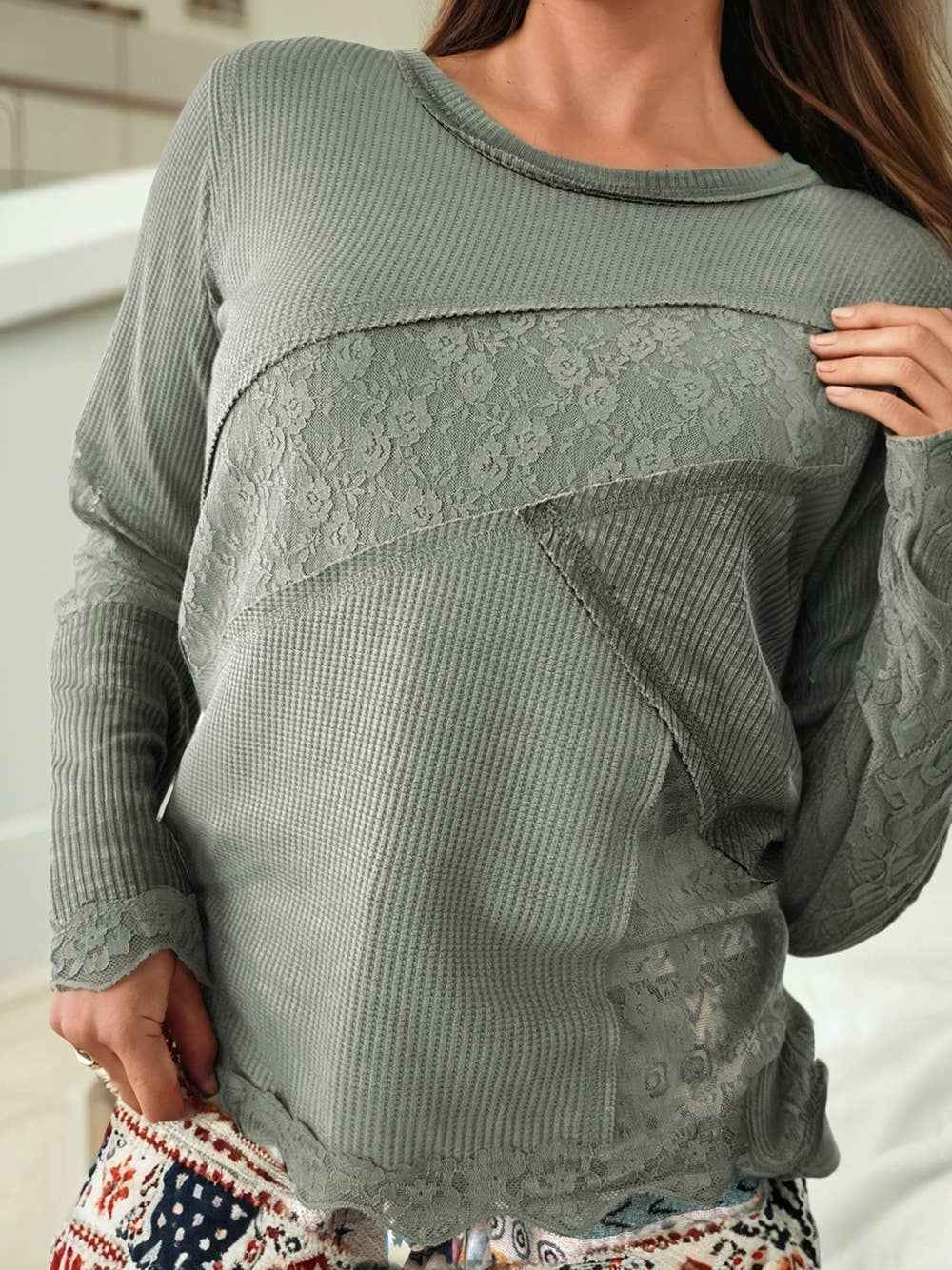 Waffle Ribbed Lace Patchwork Top
