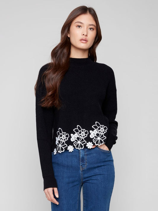 Mock Neck Sweater Embroidered Hem