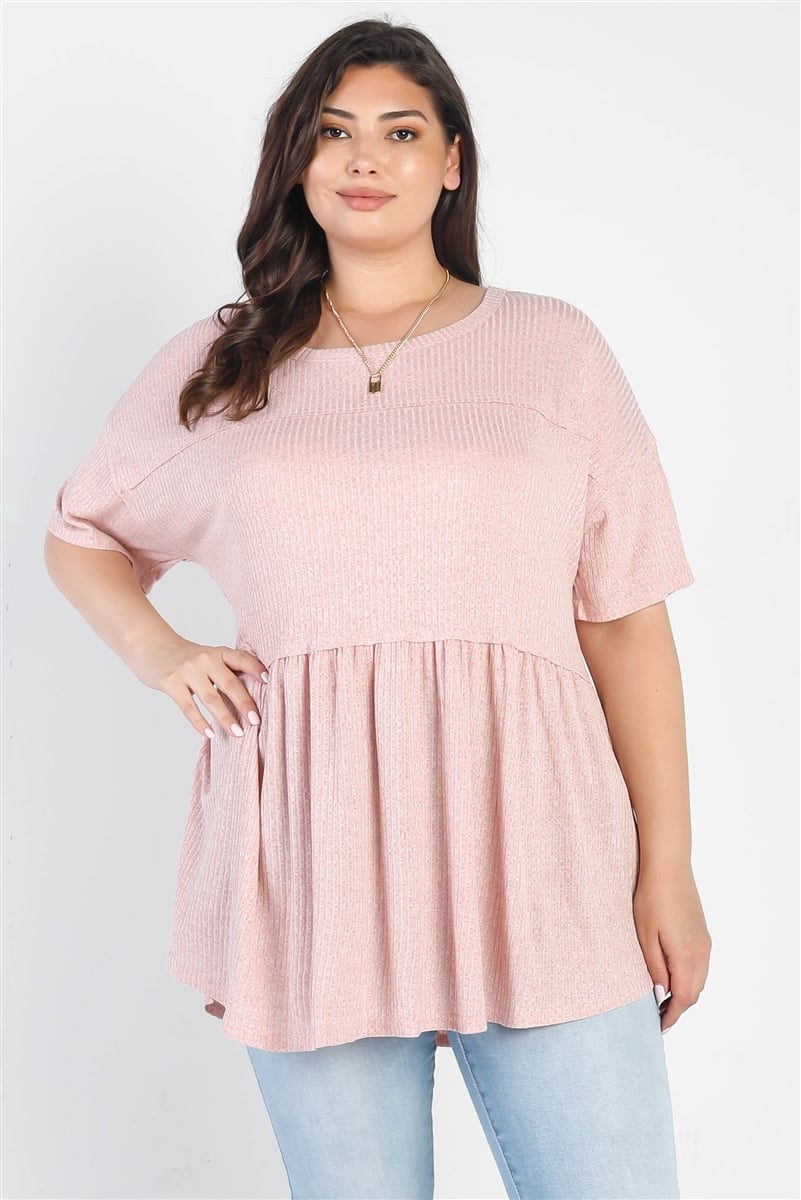 Plus ribbed trim detail short sleeve flare hem top