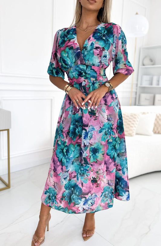 Chiffon Floral Dress - Teal/Pink