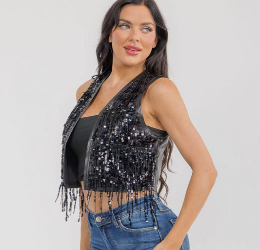 Pleather Sequins Fringe Vest