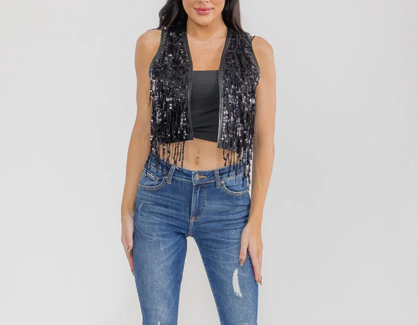 Pleather Sequins Fringe Vest