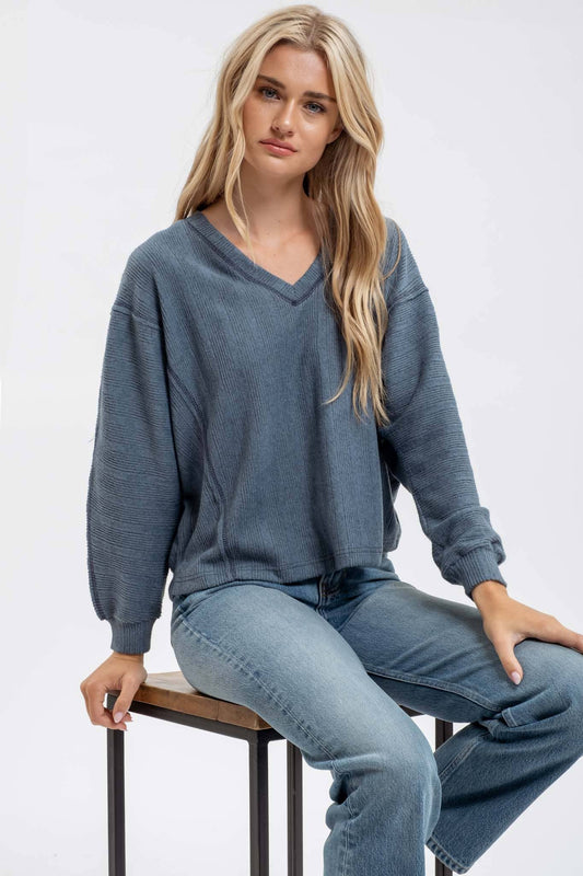 V Neck Knit Top: Dusty Teal