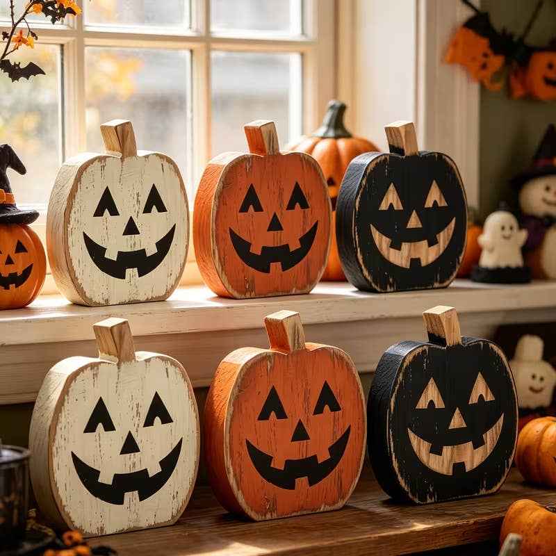 Rustic Wooden Pumpkin Halloween Decor Set of 6 Pumpkins