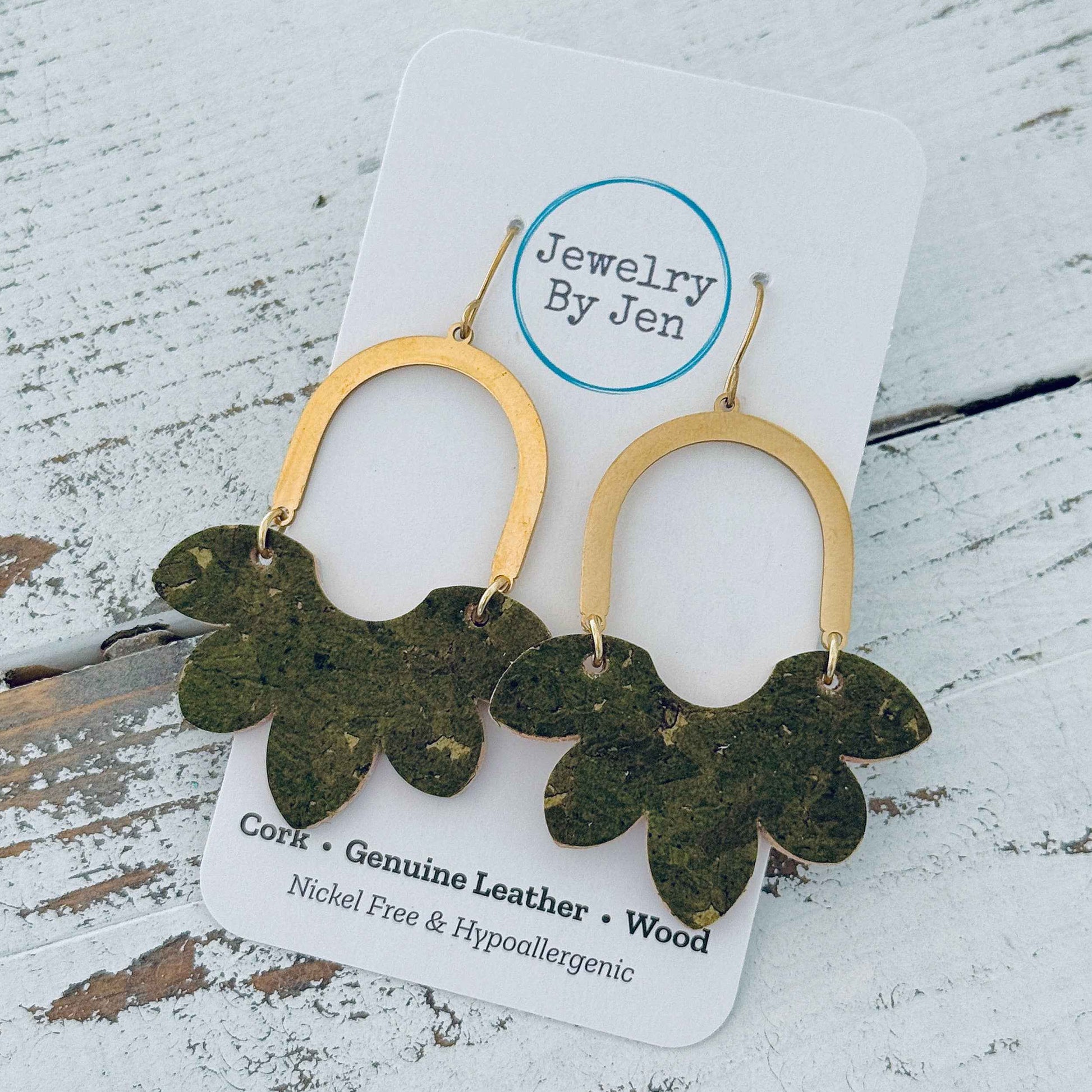 Jewelry By Jen - Split Flower Earrings: Olive Green Cork