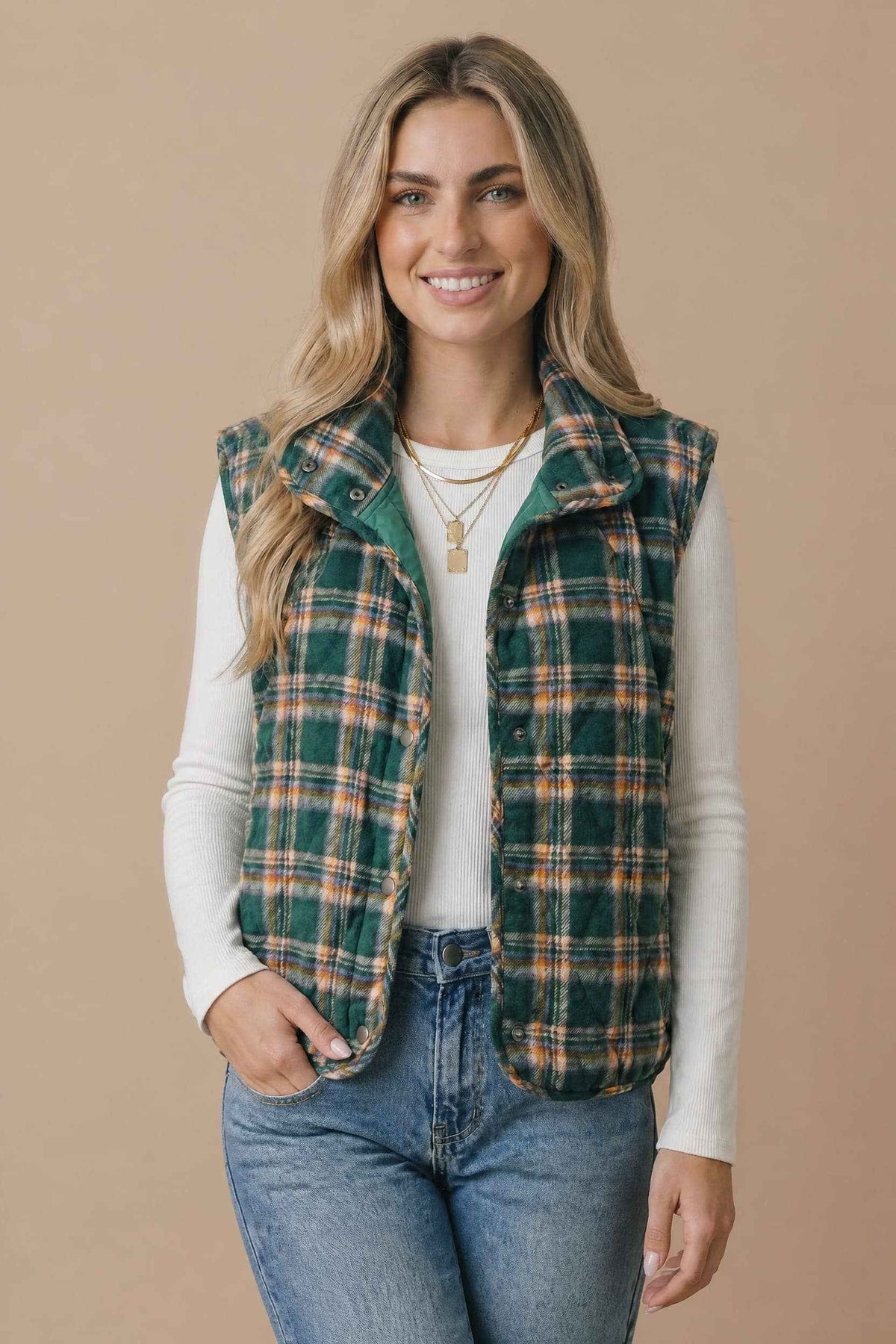 Haptics - Snap Button Down Plaid Quilted Puffer Vest