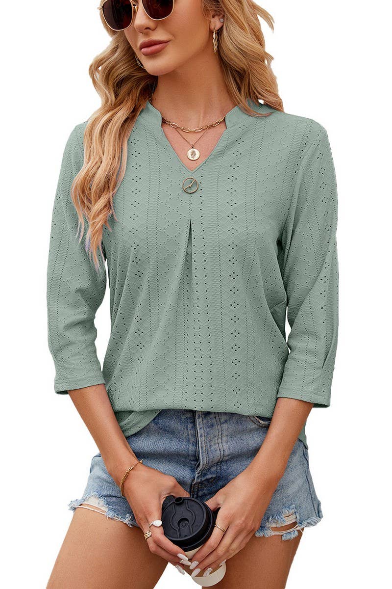 SOLID COLOR 3/4 SLEEVE V NECK