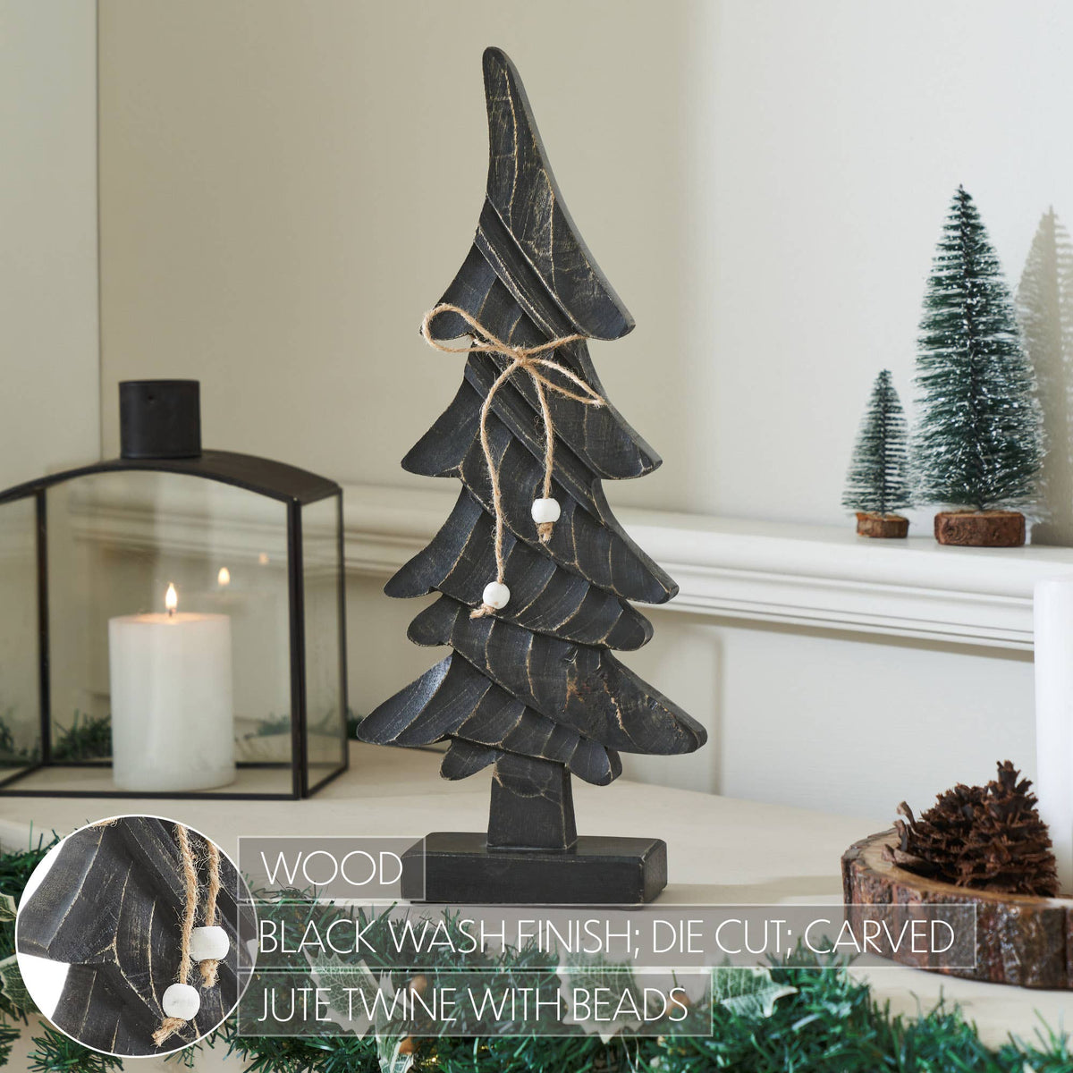Primitive Pine Distressed Black Wooden Tree 17x7x2