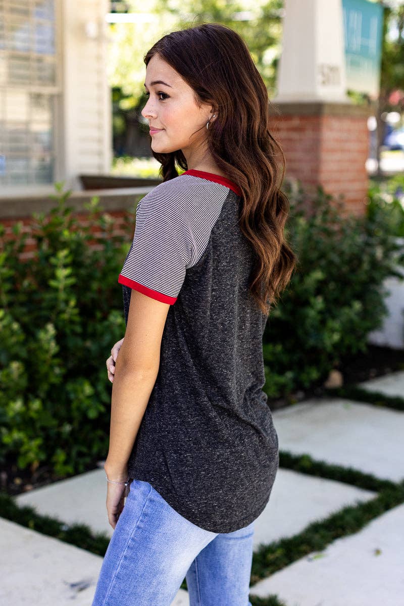 Charcoal Body with Grey & Black Striped Short Sleeve and Red Ringer