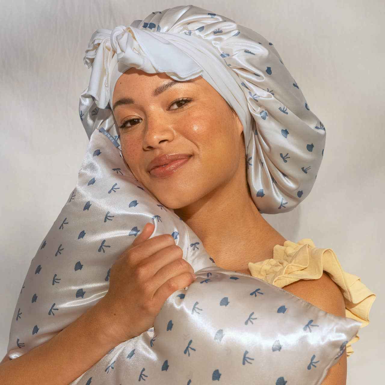 Pearlized Cream & Coastal Blue Print Satin Pillowcase