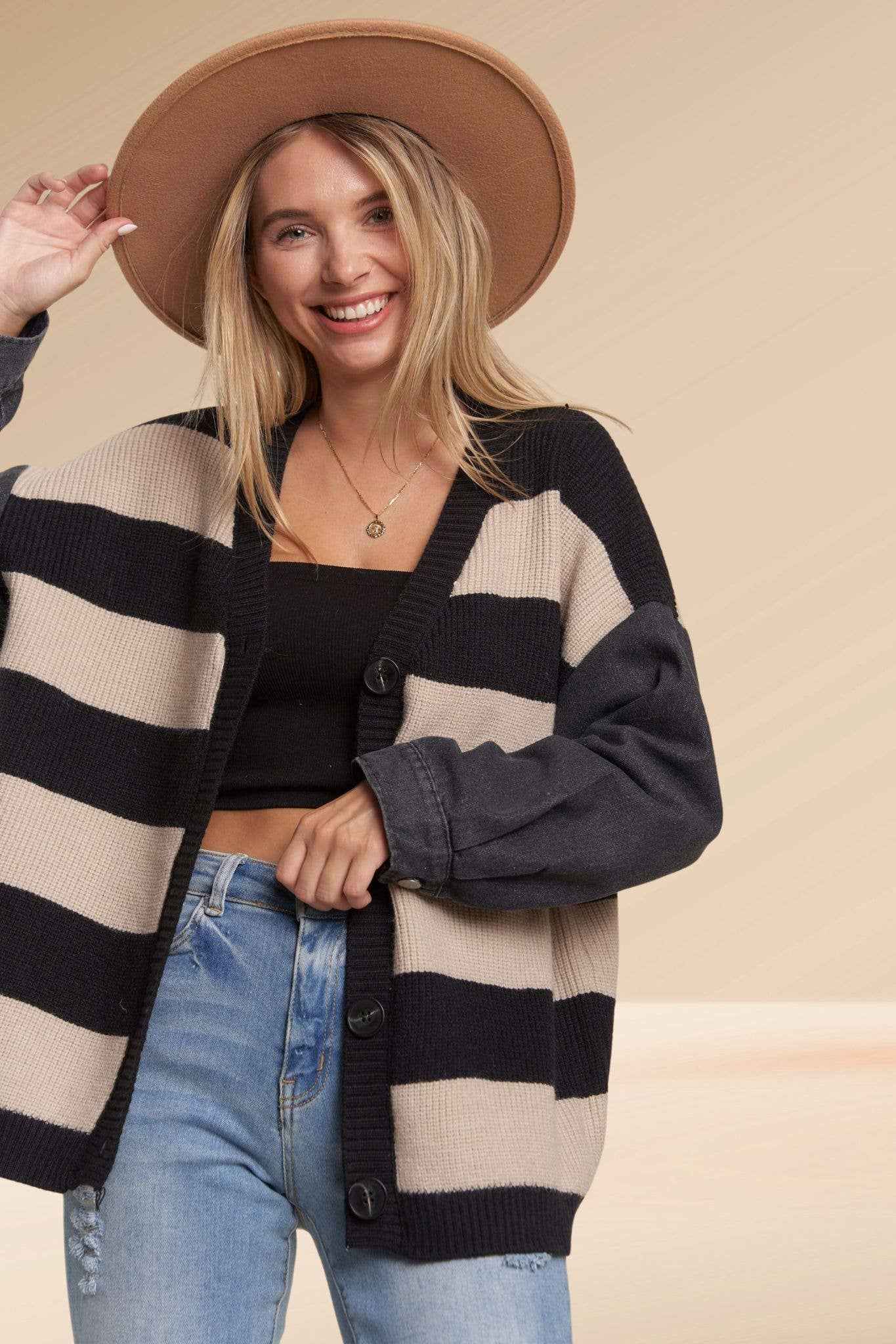 Madelyn - LESW3444A-DENIM SLEEVE STRIPE SWEATER CARDIGAN