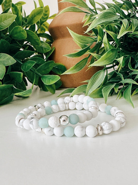 Amazonite + Howlite Gemstone Silver Bead Bracelet Set