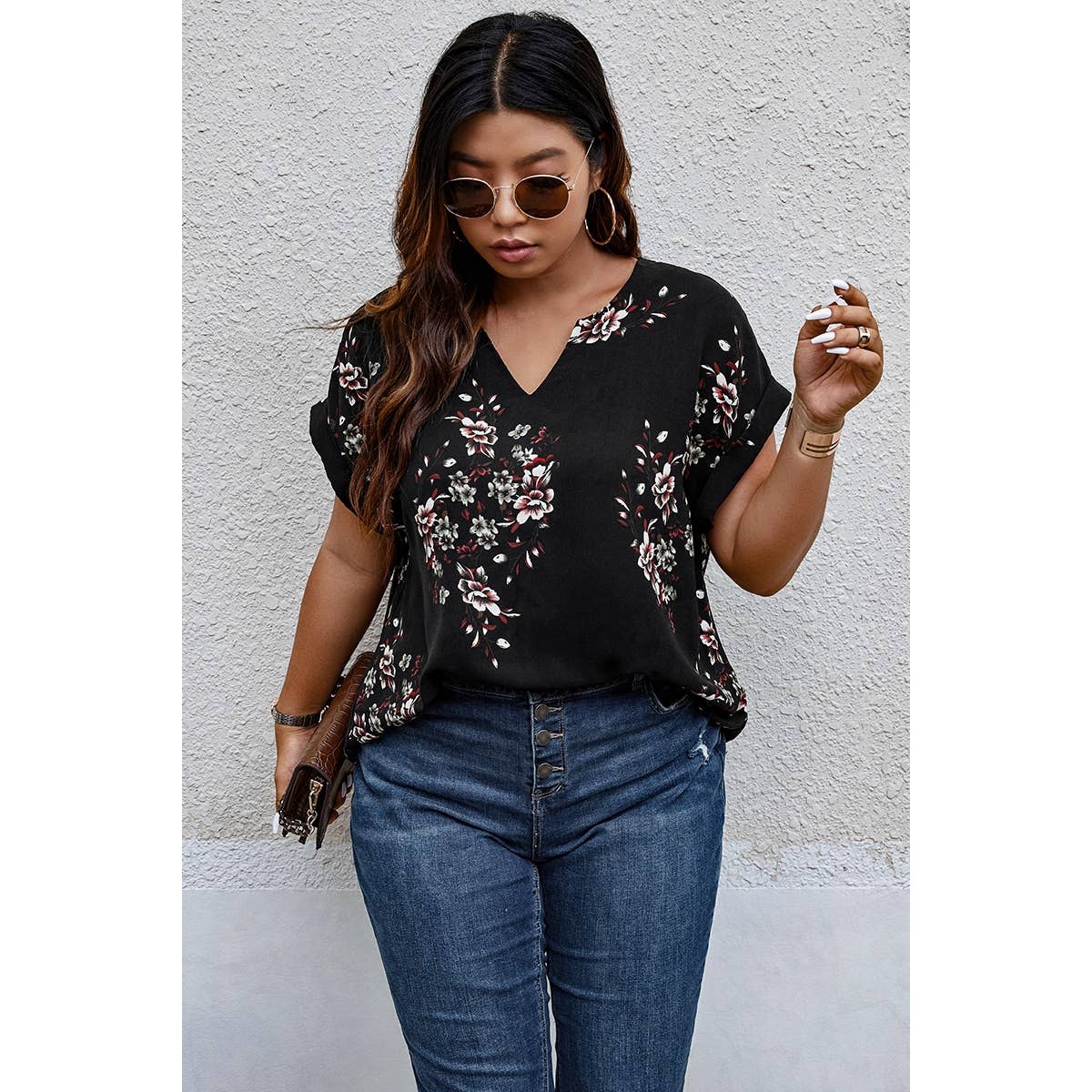 Plus Size Floral Print V Neck Loose Blouse