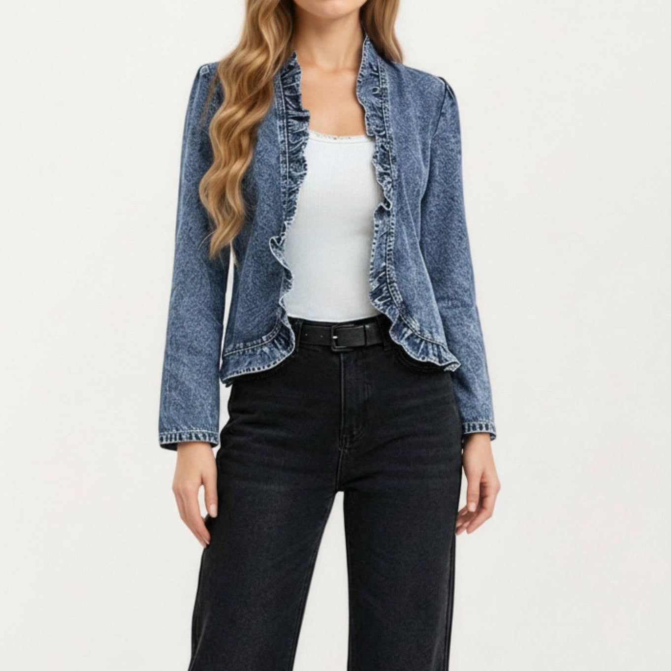 Denim Jacket with Soft Ruffle Trim