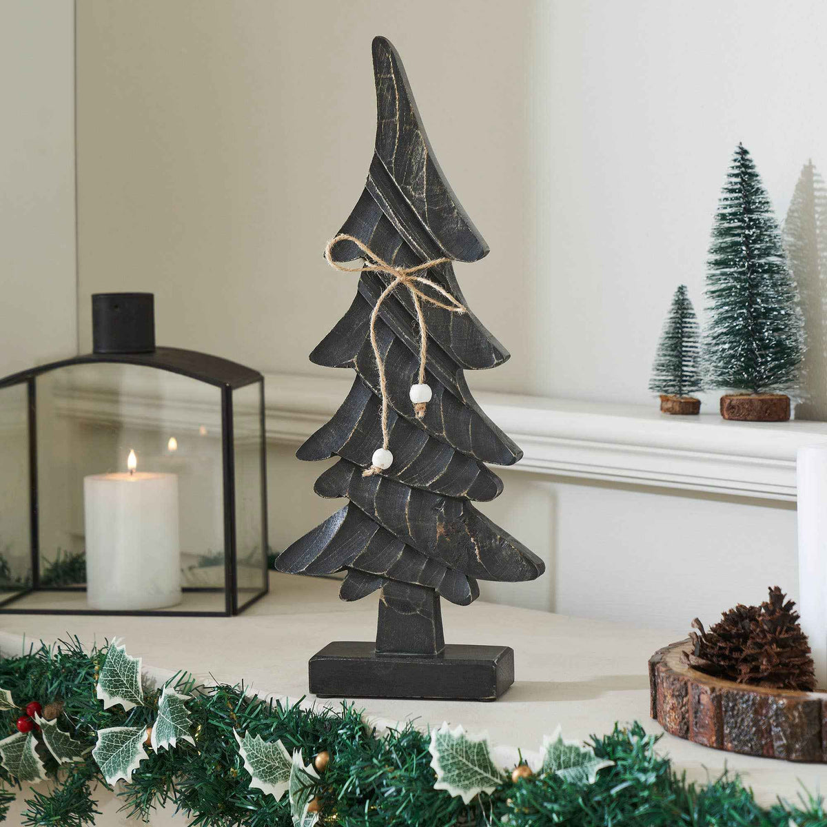 Primitive Pine Distressed Black Wooden Tree 17x7x2