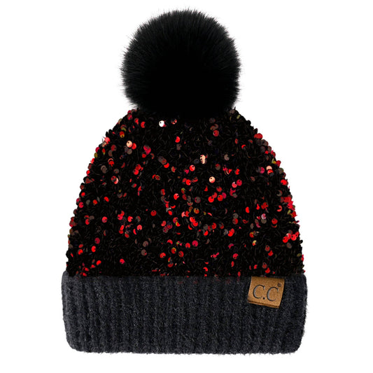 CC Sequin Fur Pom Beanie