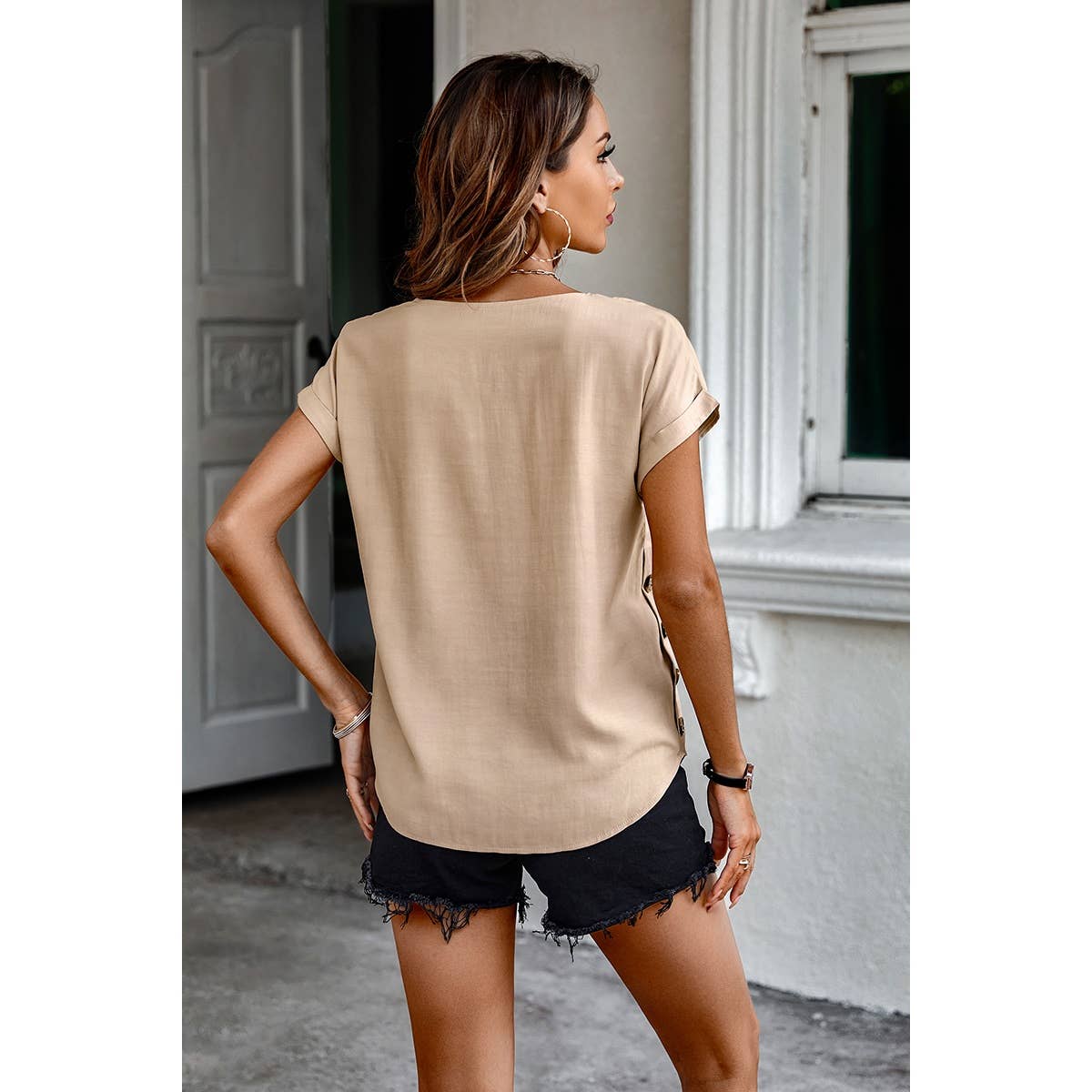 Button Round Neck Loose Fit Solid Tee