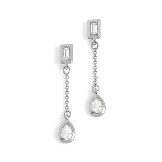 Baguette Stone Chain Drop Earrings - Silver