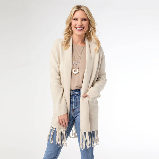 Mid Length Cardigan with Fringe