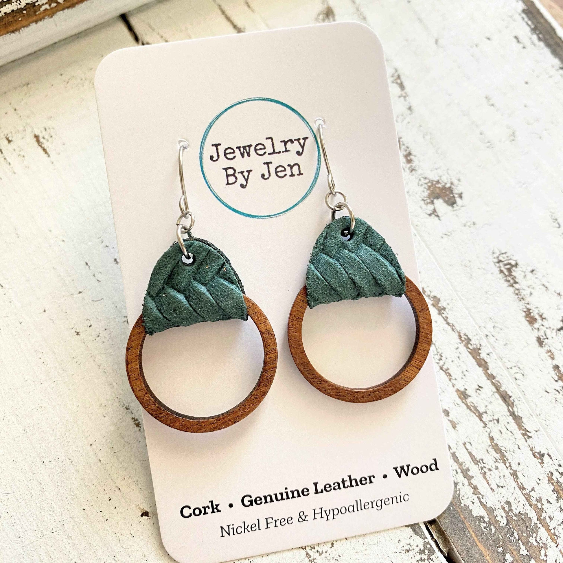 Jewelry By Jen - Wood Hoop Earrings: Pine Green Braided