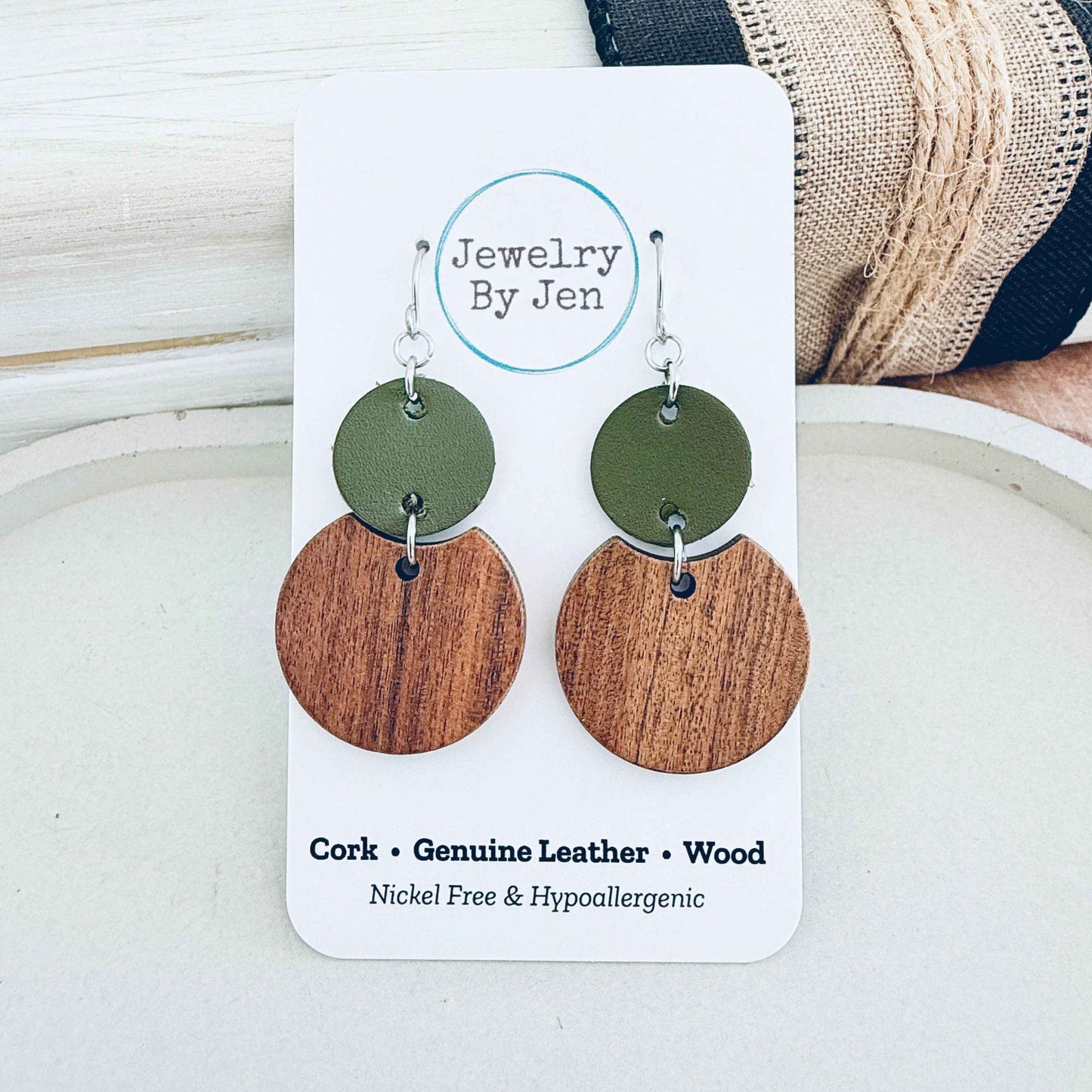Jewelry By Jen - Round Wood & Army Green Earrings