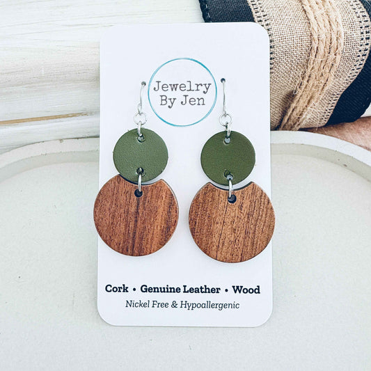 Jewelry By Jen - Round Wood & Army Green Earrings