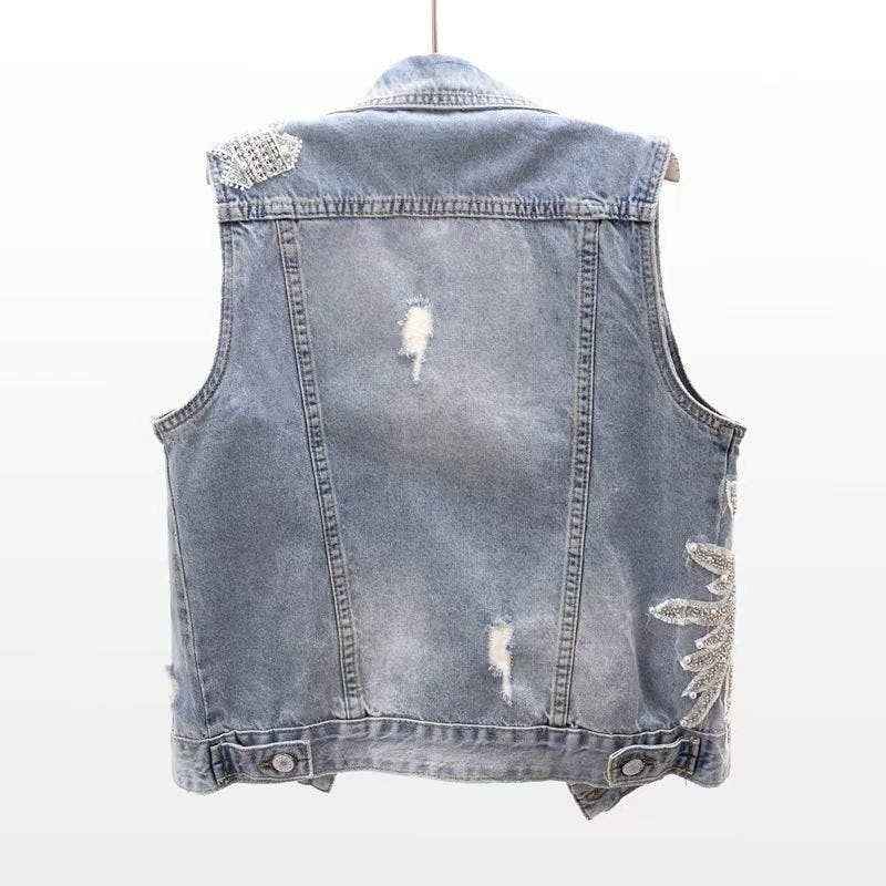 SALINA TRADING INC - Women Fashion Lace Beaded Denim Vest with POLO Collar