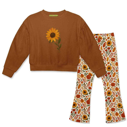 Millie Loves Lily - Kids Caramel Café Sweatshirt & Sunflower Flare Leggings Set