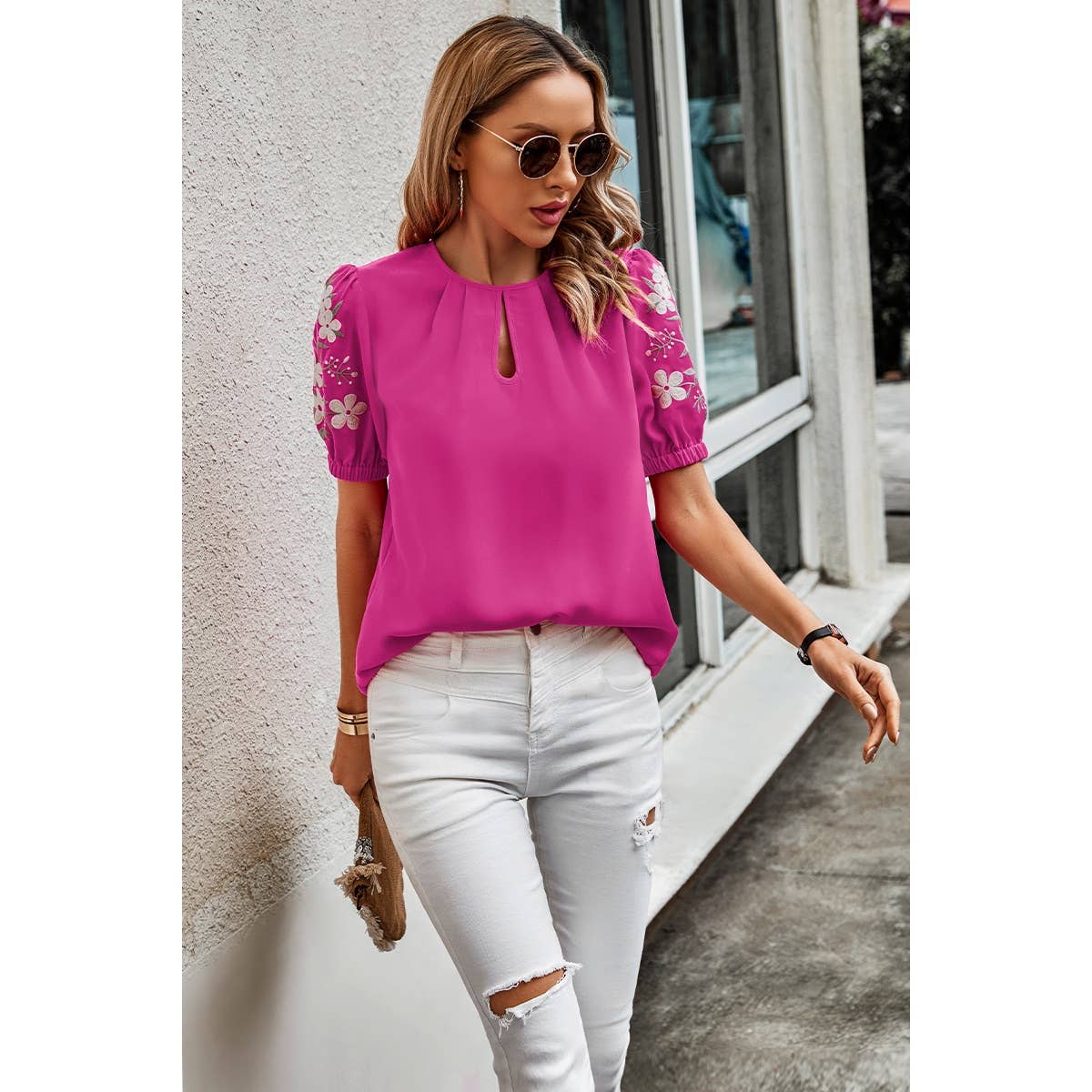 Floral Keyhole Neckline Puff Sleeve Blouse