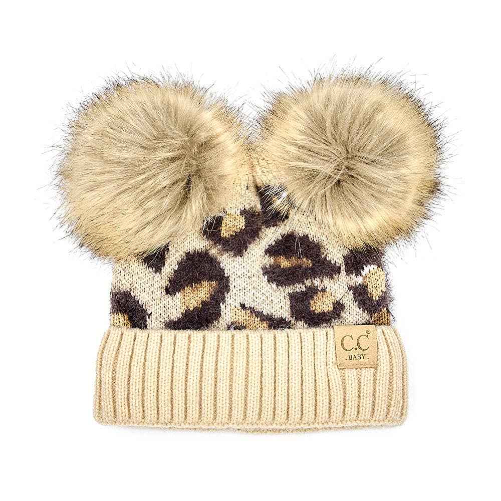 CC Double Pom Leopard Baby Beanie