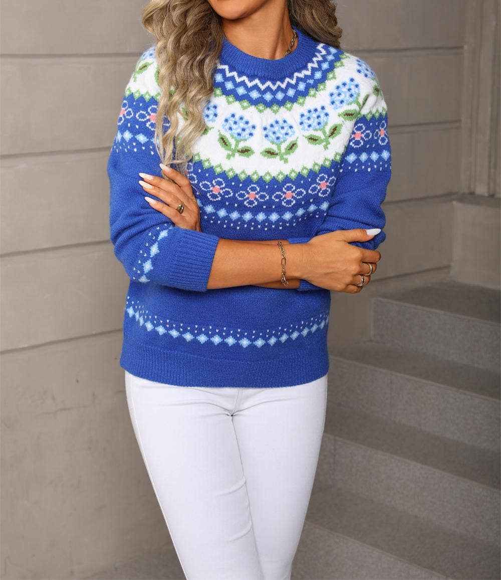 Anna Kaci Wholesale - Floral Fair Isle Knit Sweater with Crew Neck