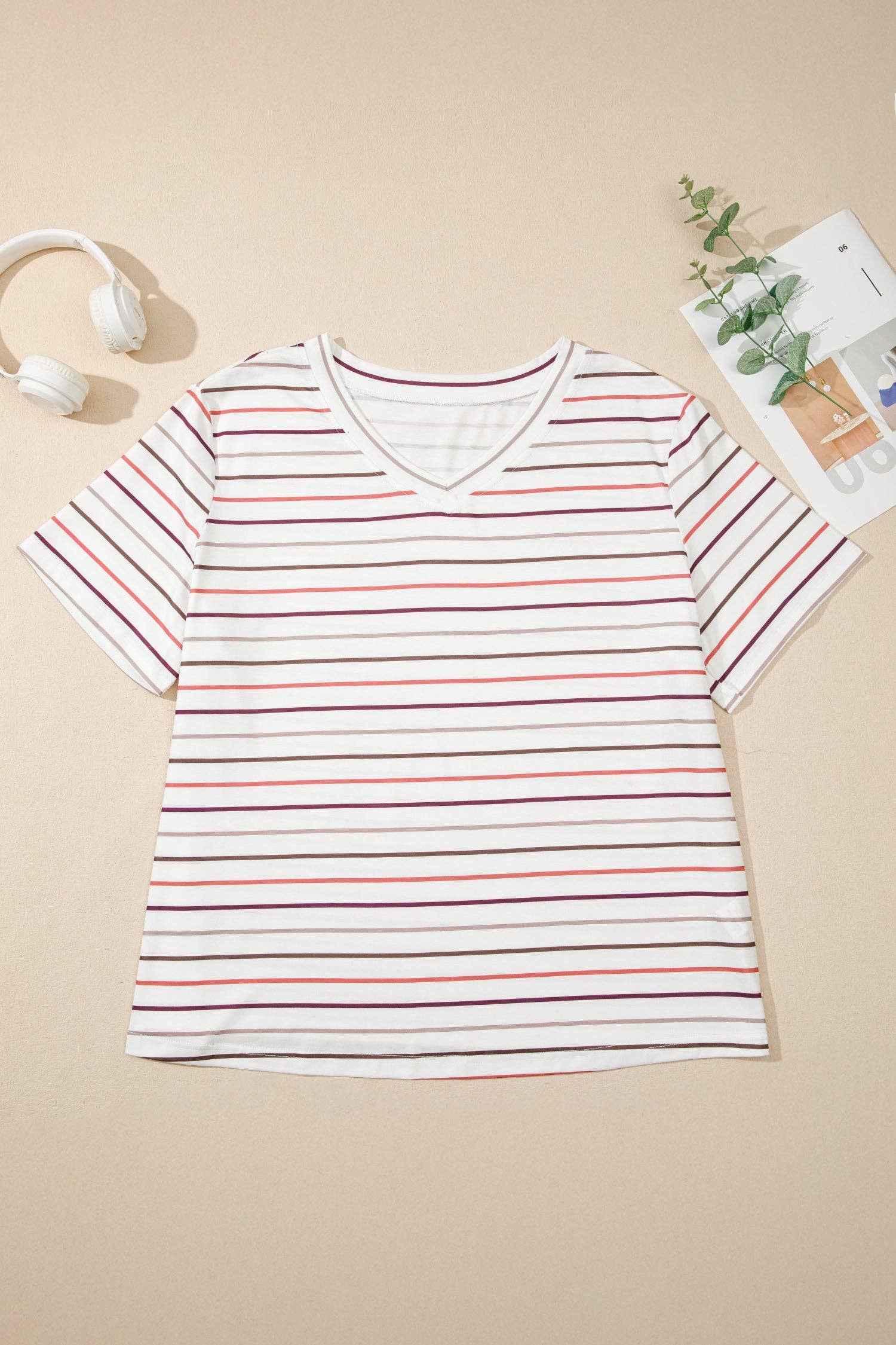 White Stripe V Neck Casual Tee