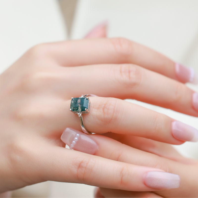 Emerald Cut Moss Agate Solitaire Ring in 925 Sterling Silver