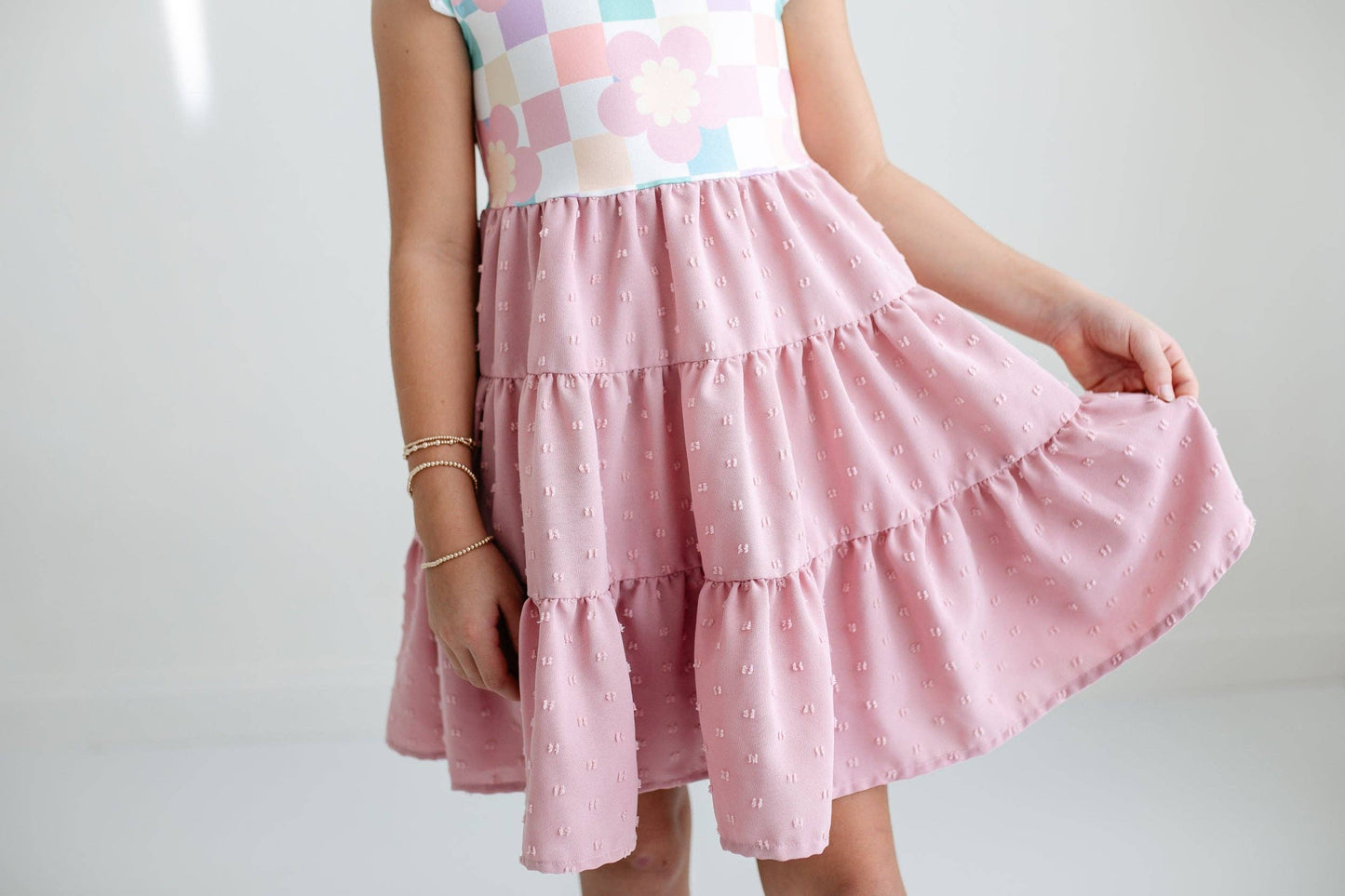 Girls Pink Check Swiss Dot Dress