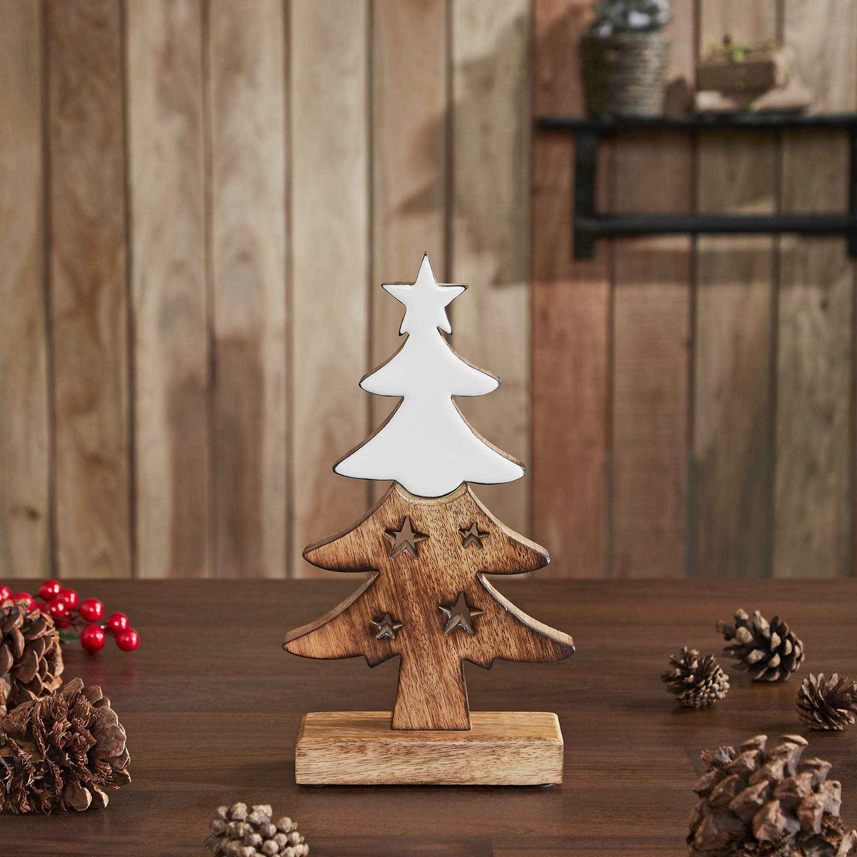 Christmas Tree Two-Toned White Wooden Figurine 10in