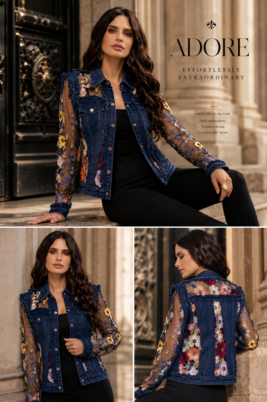 Denim Lace Jacket with Floral Embroidery