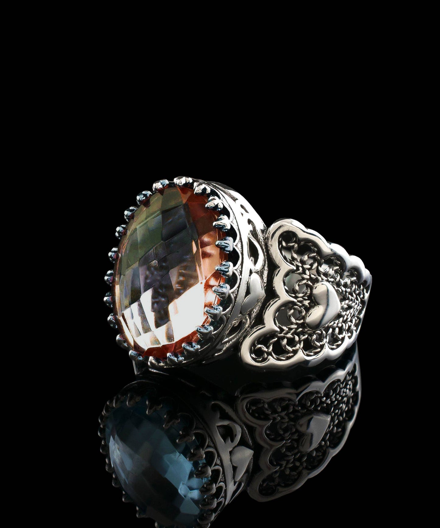 Filigree Art Double Heart Alexandrite Gemstone Silver Ring