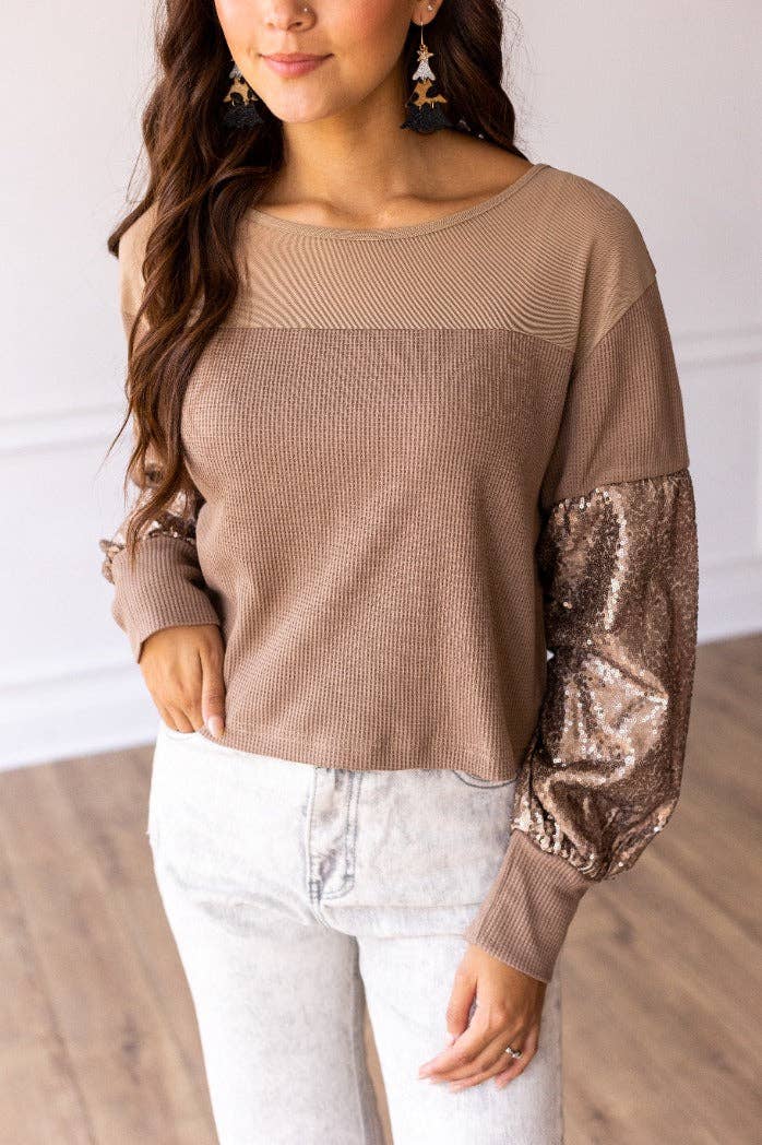 Waffle Knit Top with Mesh and Sequin Details