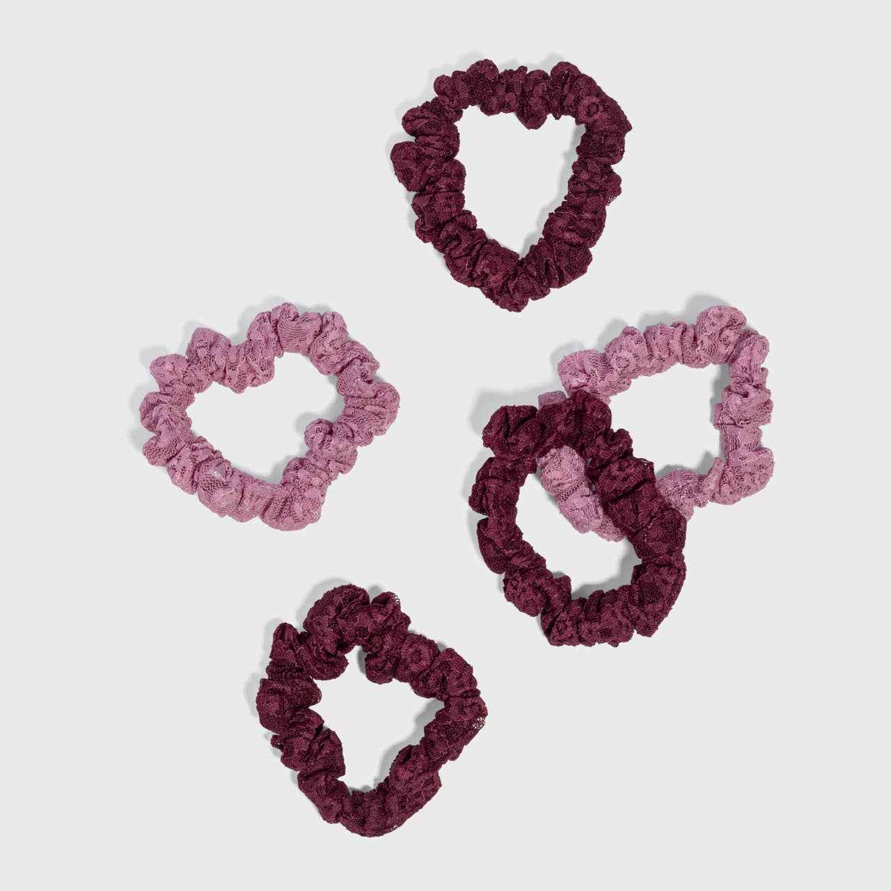 KITSCH - Ruched Lace Scrunchies 5pc Set - Cherry Lacquer & Dusty Pink