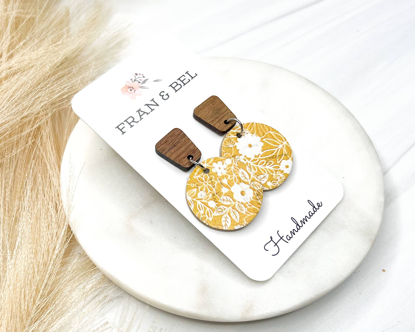 Yellow Floral Leather Circle Earrings