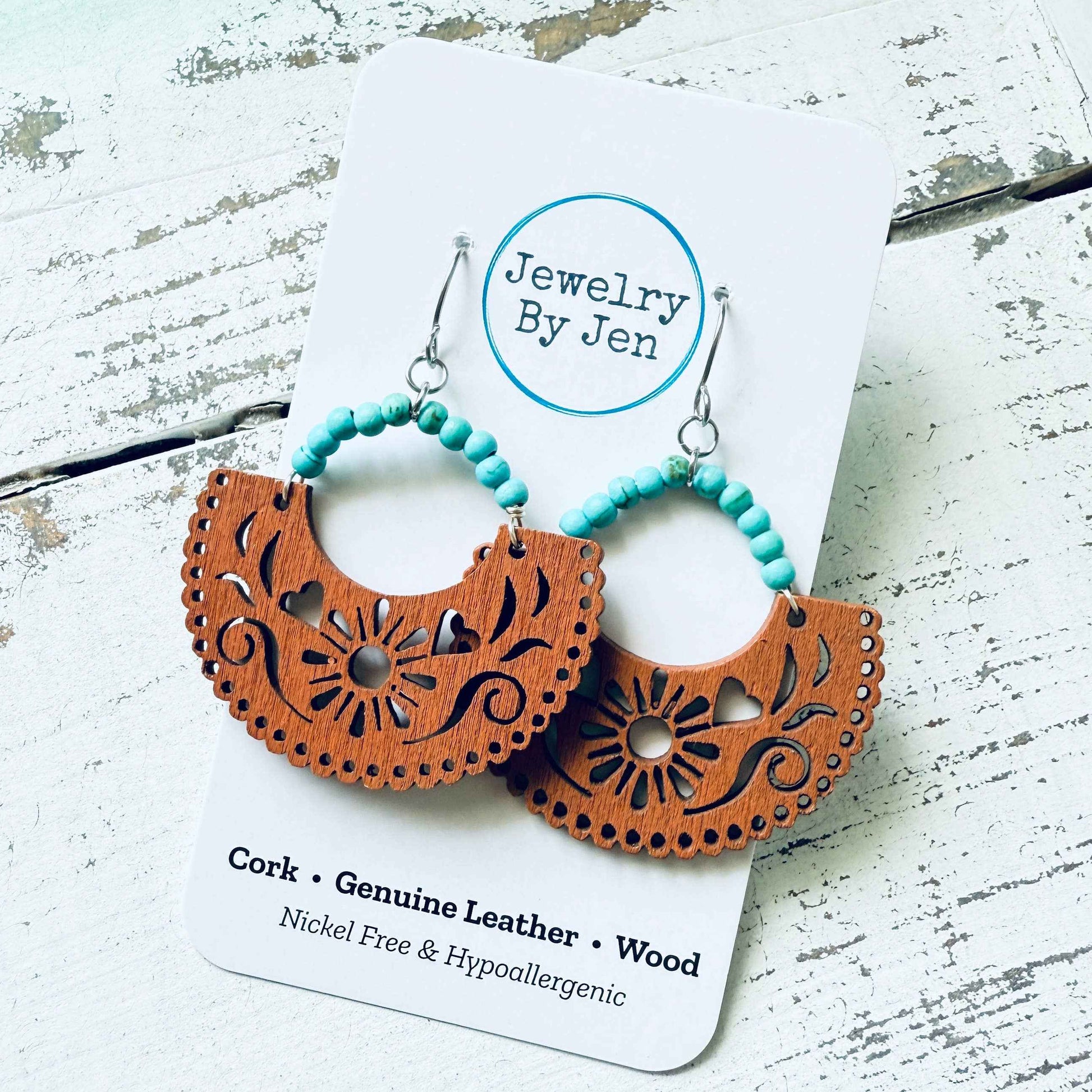 Jewelry By Jen - Wood Cutout Earrings: Brown & Turquoise